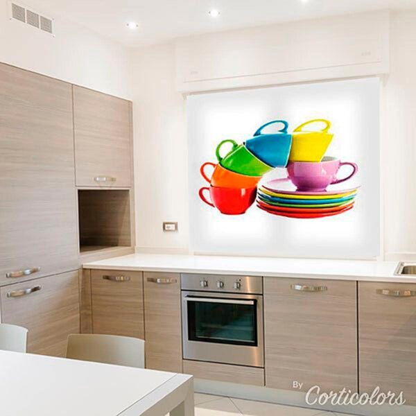 Estor para cocinas modernas, tazas de colores.
