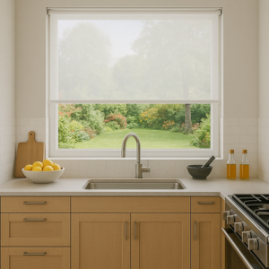 Estores cocina instalados sobre fregadero con vistas al jardín.
