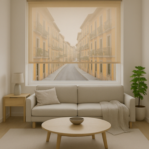 Estores salón comedor instalados sobre ventanal en salón moderno con sofá claro